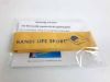 Yellow fabric strap placed over a printed sheet with accessibility text; logo and the words 'for the visually impaired & the sighted guide' visible.
